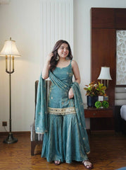 Silk Blend Sharara Kurta Set with Embroidered Borders & Matching Dupatta