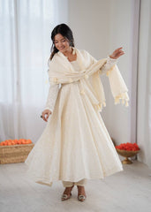 Off-White Lakhnavi Chikankari Anarkali Suit with Tasseled Dupatta