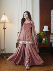 Designer Mauve Silk Blend Sharara Set with Scalloped Dupatta