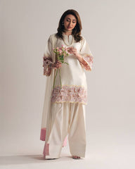 Designer Ivory Salwar Suit with Pink Floral Embroidery – 3 Piece Festive Set