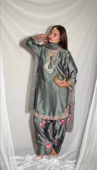 Premium Grey Silk Salwar Suit with Pink Floral Embroidery & Organza Dupatta