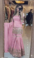 Light Pink Designer Kurti with Flared Sharara and Heavy Work Dupatta