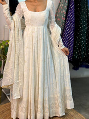 Designer Off-White Full-Sleeve Lucknowi Style Chikankari Anarkali Set
