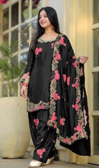 Premium Black Silk Kurta Set with Pink Floral Embroidery