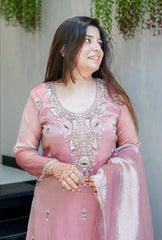 Designer Dusty Rose Party Wear Suit - Embroidered Silk Kurta with Flared Sharara