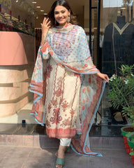 Designer 3-Piece Salwar Kameez Set - Floral Printed Kurta with Sky Blue Accents