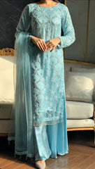 Icy Blue Hand-Embroidered Festive Set - Pearl Jaal Work Kurta & Palazzo