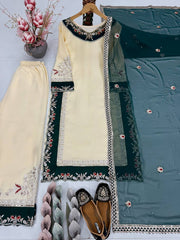 Designer Cream 3-Piece Salwar Kameez Set - Contrast Green Floral Work Kurta & Palazzo