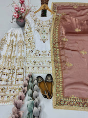 Designer Bridal Sharara Suit - Heavily Embroidered Kurta & Flared Bottoms with Coffee Brown Dupatta