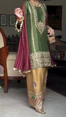 Designer Olive Green Punjabi Suit Set - Embroidered Silk Kurta with Contrast Maroon Dupatta