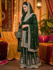 Designer Dark Green Sharara Suit - Heavily Embroidered Kurta & Flared Bottoms