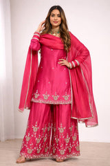 Designer Rani Pink Embroidered Sharara Suit Set