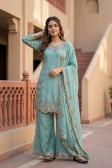Premium Sea Green Georgette Sharara Set with Mirror & Gotta Patti Work