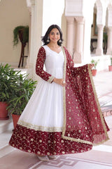Designer White Georgette Long Gown with Heavy Maroon Embroidered Border and Sleeves