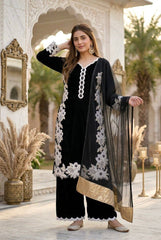 Designer Black  Salwar Kameez with White Floral Embroidery