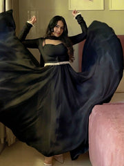 Designer Black Flared Gown with Sheer Sleeves and Choker Dupatta