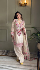 Designer Off-White Silk Kurti with Straight Pants and Embroidered Dupatta