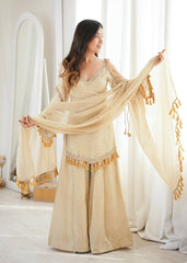 Champagne Gold Short Kurti with Flared Sharara & Tassel Dupatta Set