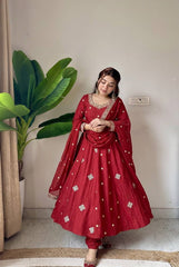 Deep Maroon Anarkali Suit Set with Zari Border Dupatta