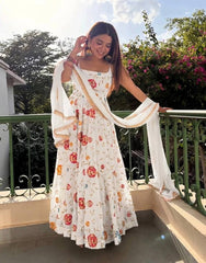Elegant White Anarkali Gown with Rose Embroidery Work