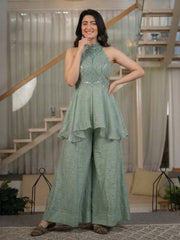 Modern Indo-Western Sage Green Shimmer Sharara Set with Flared Palazzo