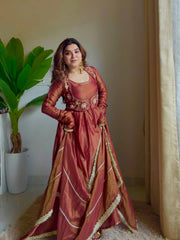Designer Metallic Maroon Anarkali Gown with Koti Style Embroidery
