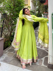 Lime Green Organza Anarkali Gown Suit Set with Dupatta