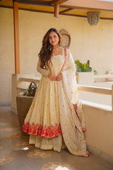 Elegant Off-White and Red Embroidered Festive Anarkali Set
