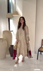 Champagne Gold Handwork Kurta Set with Contrast Embroidered Dupatta
