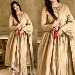 Golden High-Neck Pleated Anarkali Suit with Lace Dupatta