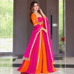Rani Pink and Tangerine Orange Dual-Tone Anarkali Suit with Dupatta