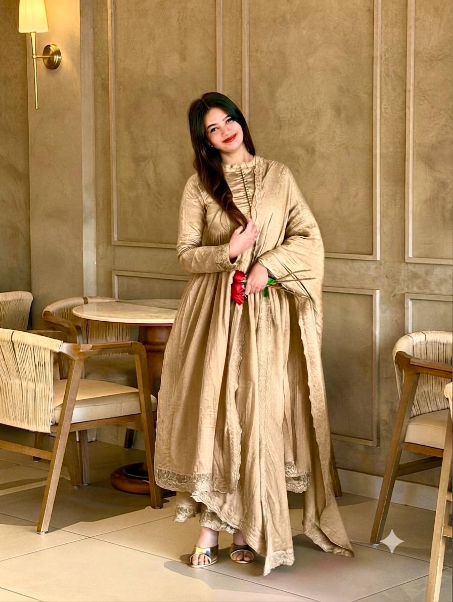 Golden High-Neck Pleated Anarkali Suit with Lace Dupatta