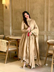 Golden High-Neck Pleated Anarkali Suit with Lace Dupatta