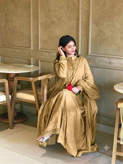 Golden High-Neck Pleated Anarkali Suit with Lace Dupatta
