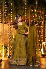 Elegant Olive Green Silk Anarkali Gown with Heavy Zari Border & Matching Dupatta
