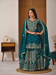 Designer Teal Blue Kurta-Sharara Set with Heavily Ornamented Border & Exquisite Handwork