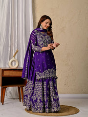 Royal Purple Silk Kurta Set with Embroidered Sharara and Dupatta - Wedding Wear