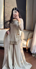 Designer Off-White Georgette Sharara Suit with Hand-Embroidery Work