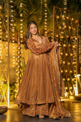 Elegant Copper-Gold Silk Anarkali Suit with Ruched Sleeves & Matching Dupatta