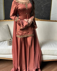 Luxurious Rust Brown Satin Sharara Set with Embroidery & Bell Sleeves