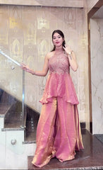Indo-Western Party Wear: Mauve Pink Silk Blend Peplum Kurti and Flared Sharara