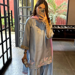 Designer Sky Blue Ethnic Suit for Women – Embroidered V-Neck Kurta with Palazzo and Dupatta Set