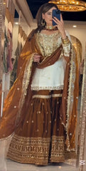 Elegant Off-White & Coffee Brown Georgette Sharara Suit with Heavy Gotta Patti Work