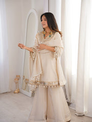 Designer Off-White Georgette Sharara Suit – Mirror Embroidered Neckline with Cowrie Shell Latkans