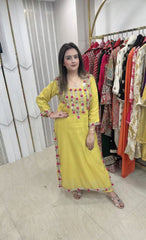 Elegant Lime Yellow mirror and pom-pom embroidered ethnic set, perfect for festive wear