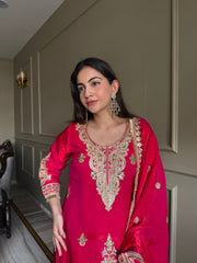 Deep Pink Zari Embroidered Silk Kurta with Matching Palazzo & Dupatta Set
