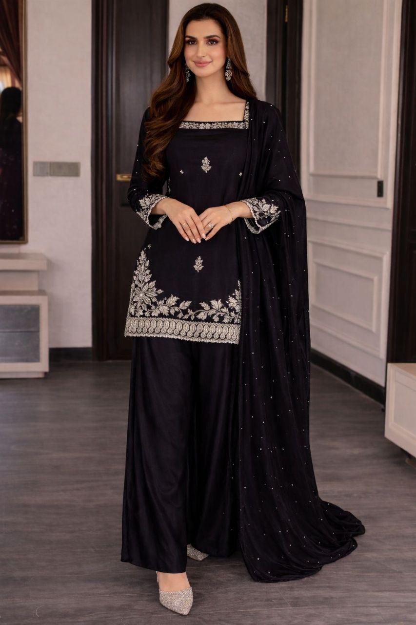 Designer Black Party Wear Sharara Set – Heavy Embroidery & Sequins Work Dupatta