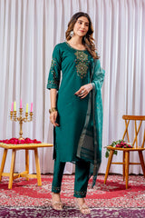 Exquisite Rama Green Embroidered Kurta Set with Floral Organza Dupatta – 3 Piece Ethnic Suit