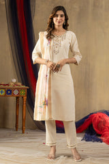 Festive Special Cream Pant-Suit Set with Intricate Neckline Embroidery & Digital Print Dupatta