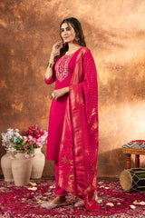 Designer Pink Silk Kurta Suit with Heavy Work Neck & Banarasi Silk Dupatta